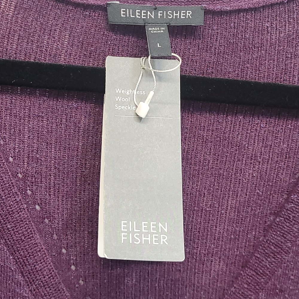 NWT Eileen Fisher LG Purple Plum Speckle Knit V Neck Cardigan Sweater Wool Silk - Picture 4 of 16